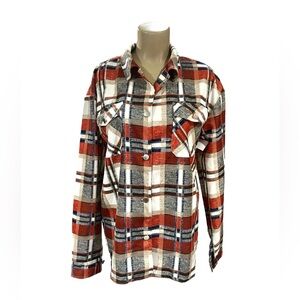 Soft Plaid Western Button Down Shirt Womens XXL Orange Blue Beefy Silver Buttons